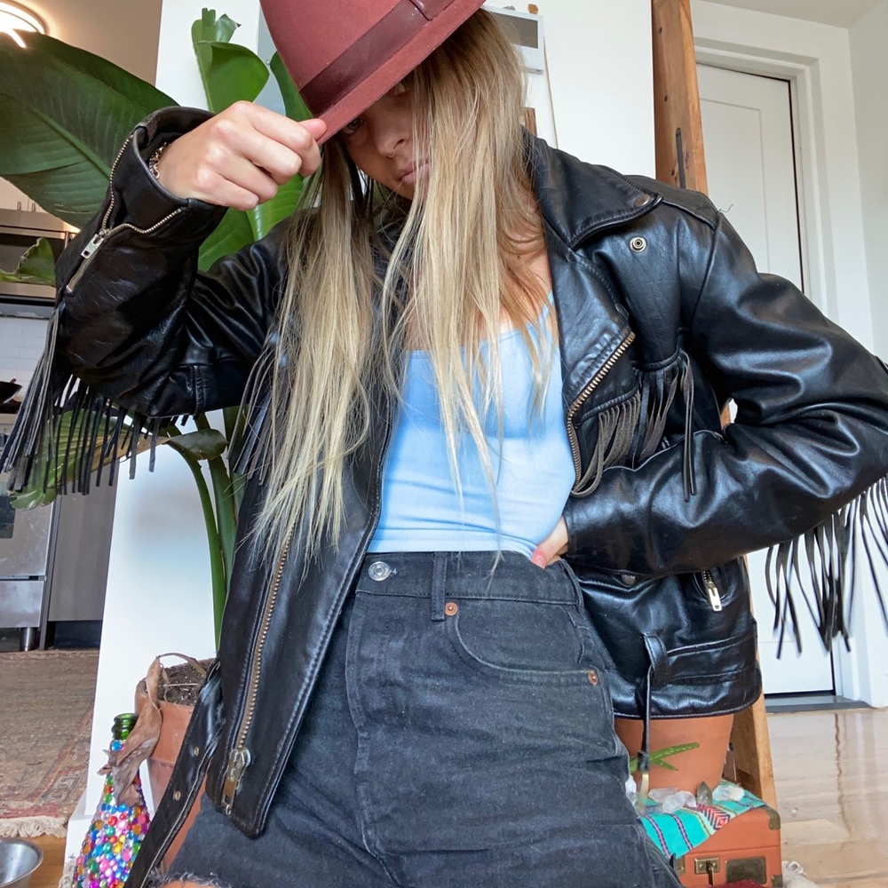 Vintage Leather Fringe Jacket, Belt Buckle Closure